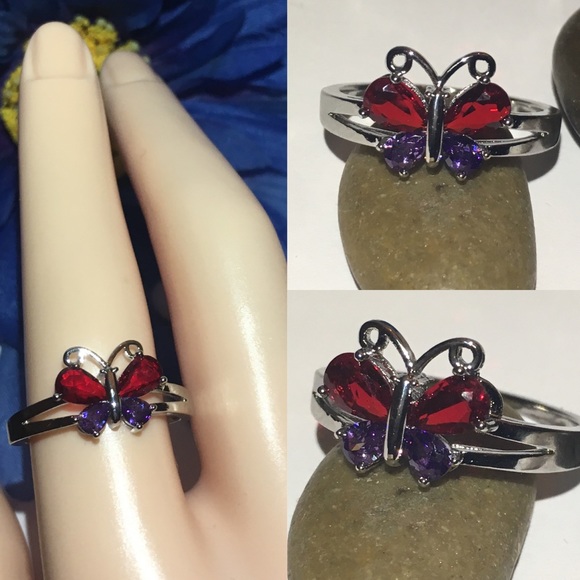 New Amethyst Zircon Butterfly Platinum Plated Ring - Picture 2 of 5